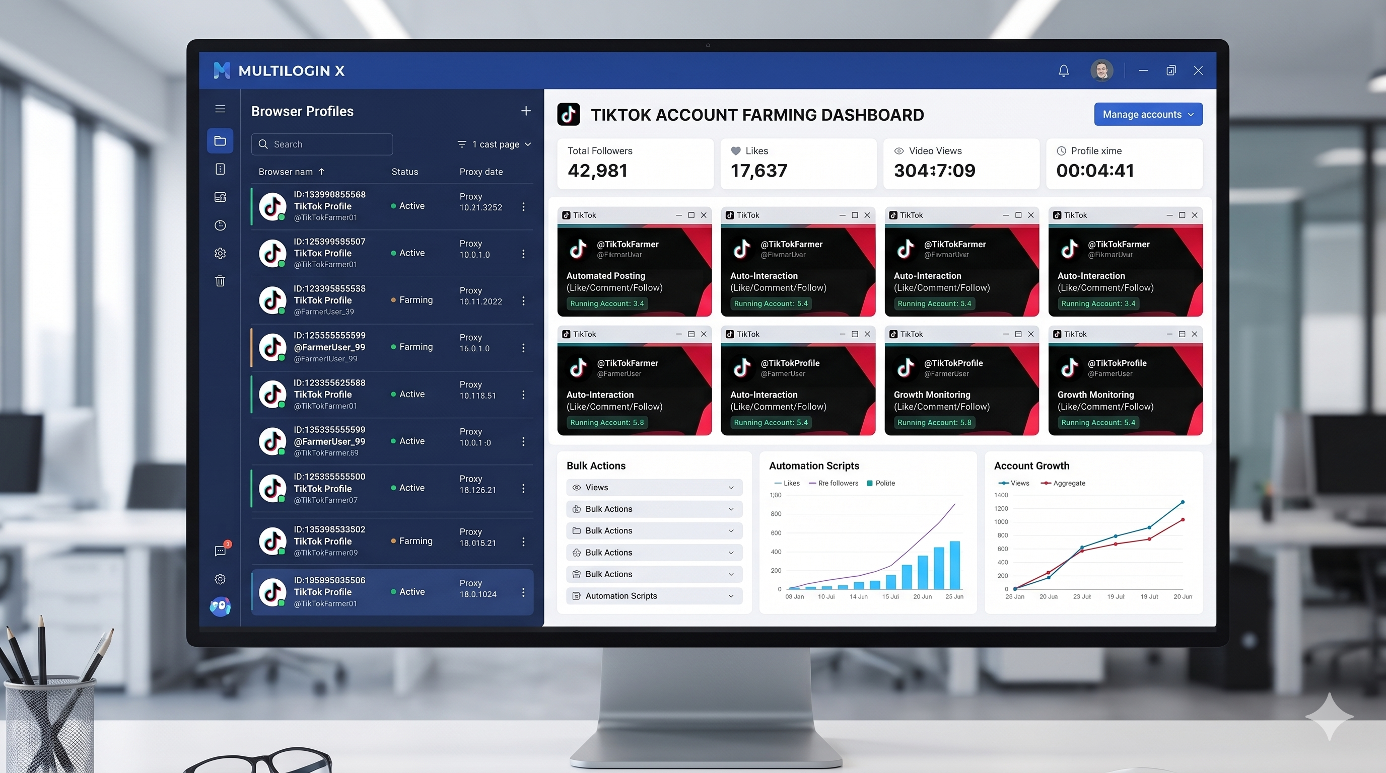 TikTok account farming dashboard with Multilogin X